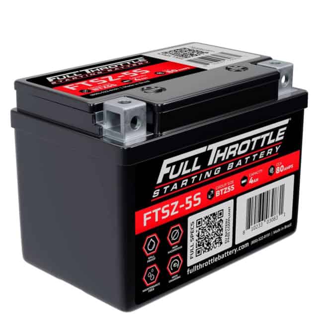 High-performance Full Throttle starting battery model FTSZ-5S. Group size BT12S5, 4Ah capacity, 80Whr. Features QR code and product specifications on the label.