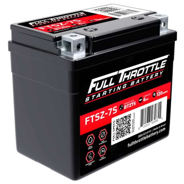 A black Full Throttle starting battery labeled FTSZ-7S with specifications: 6 volts, 120 amps.