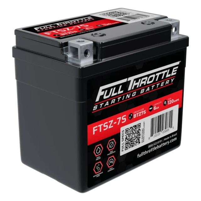 A black Full Throttle starting battery labeled FTSZ-7S, with specifications and QR code visible.