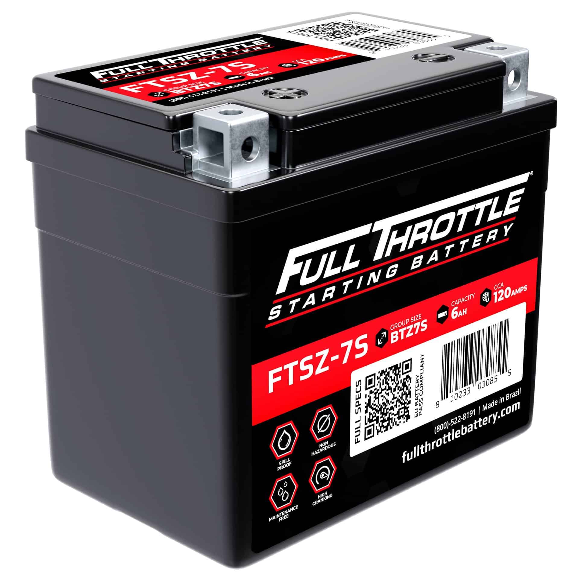 A black Full Throttle starting battery labeled FTSZ-7S with specifications: 6 volts, 120 amps.