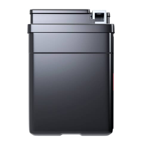 A sleek, rectangular black lighter with a flip-top lid, set against a white background.