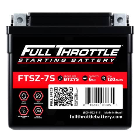 Front view of a Full Throttle starting battery, model FTSZ-7S. It has specifications including 6Ah capacity, 120 CCA, and is made in Brazil, with a QR code and contact information visible.