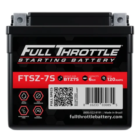 Full Throttle FTSZ-7S starting battery, Group Size BTZ7S, Capacity 6Ah, CCA 120 Amps, maintenance-free, non-spillable, high cranking. Made in Brazil.