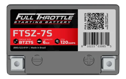 Label of a Full Throttle starting battery, model FTSZ-7S, group size BTZ7S, capacity 6Ah, CCA 120Amps, made in Brazil, with a barcode and contact phone number visible.