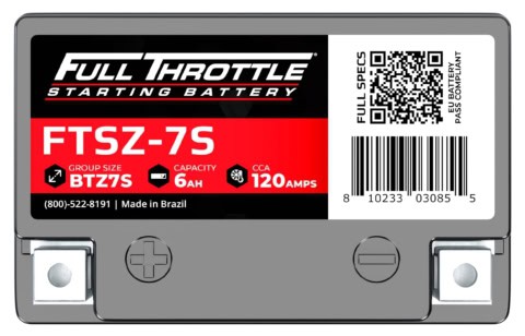 Label of a Full Throttle starting battery, model FTSZ-7S, with 6Ah capacity and 120 CCA. Includes barcode, QR code, and contact number. Made in Brazil.