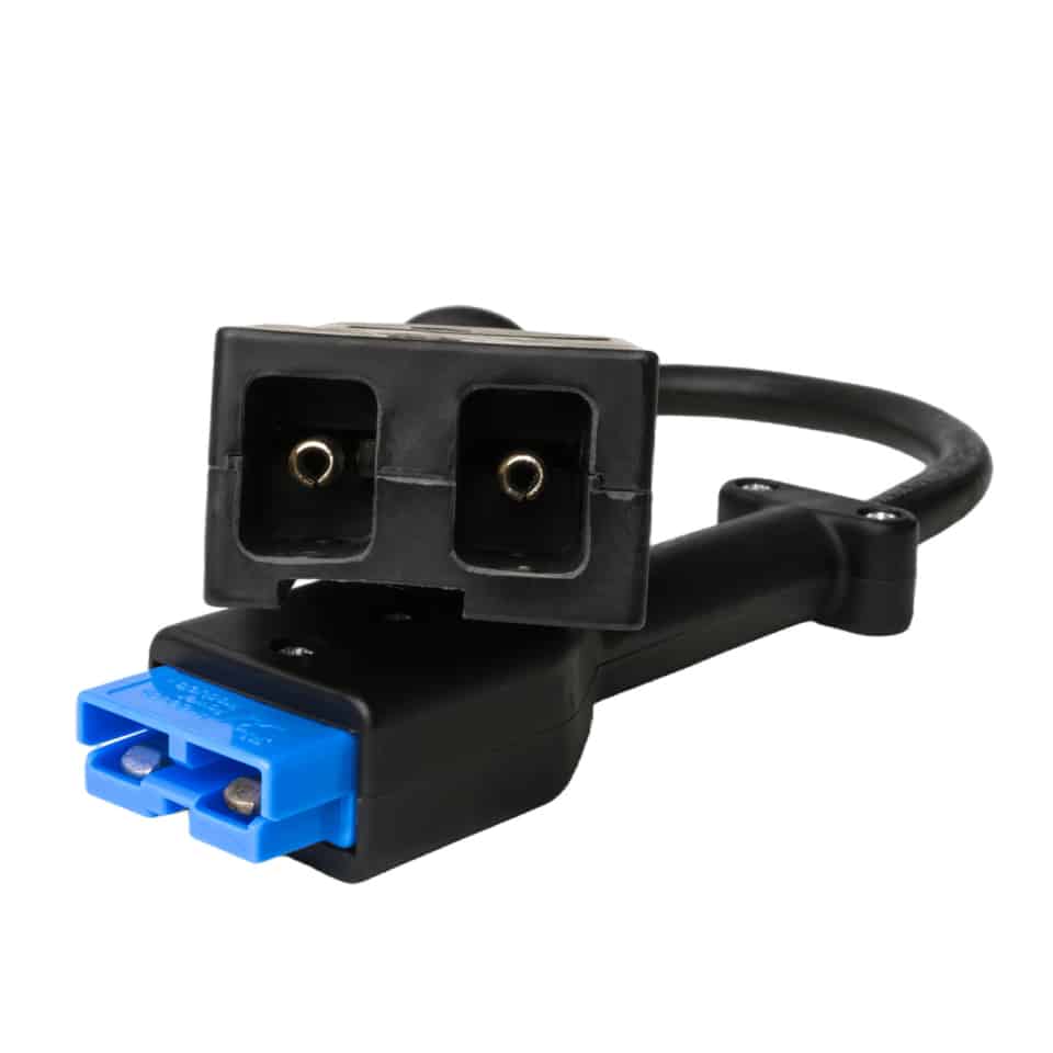 A black and blue plug with two wires attached to it.