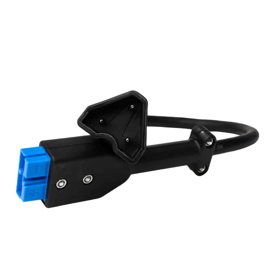 A black and blue connector with a blue plug.