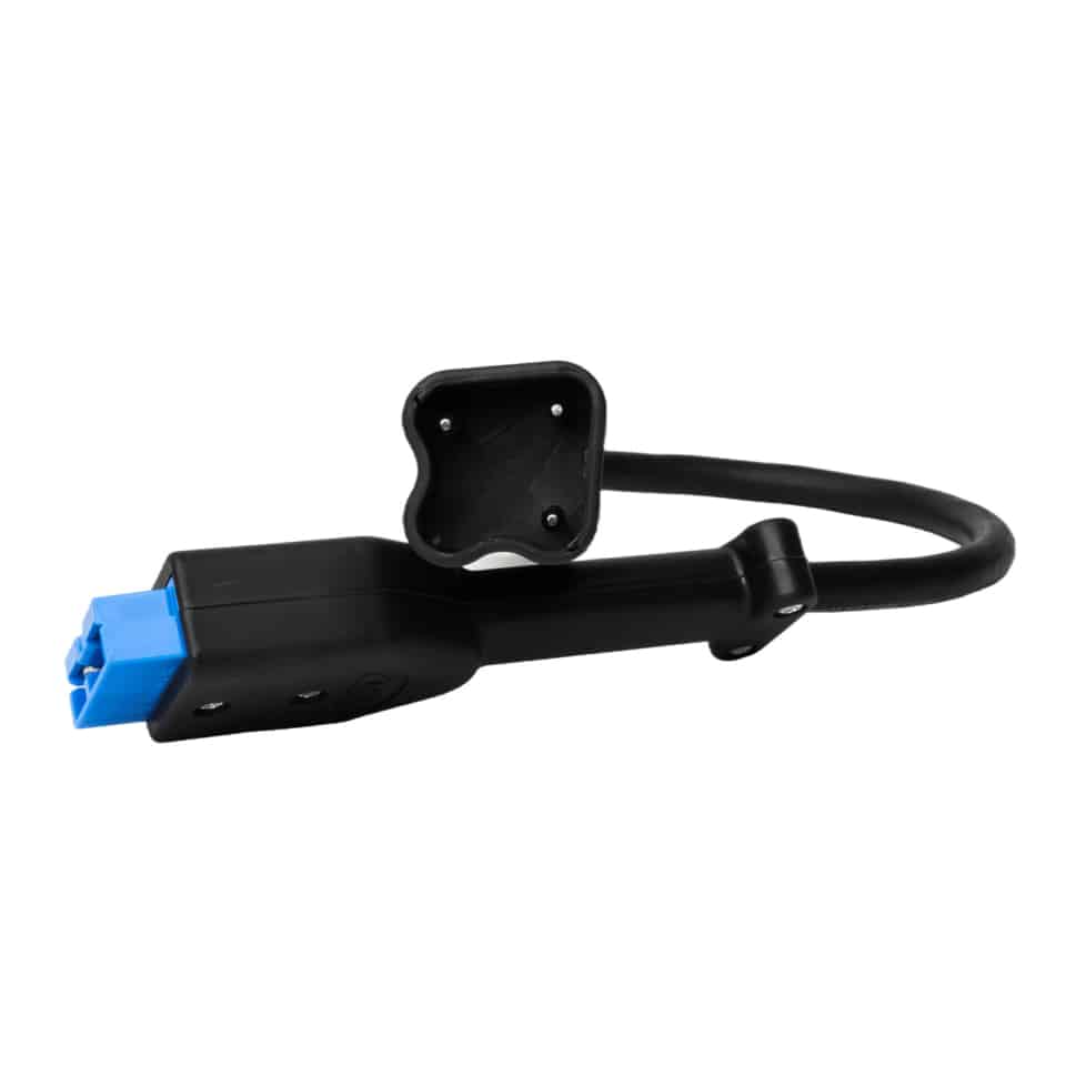 A black and blue car charger with a blue plug.