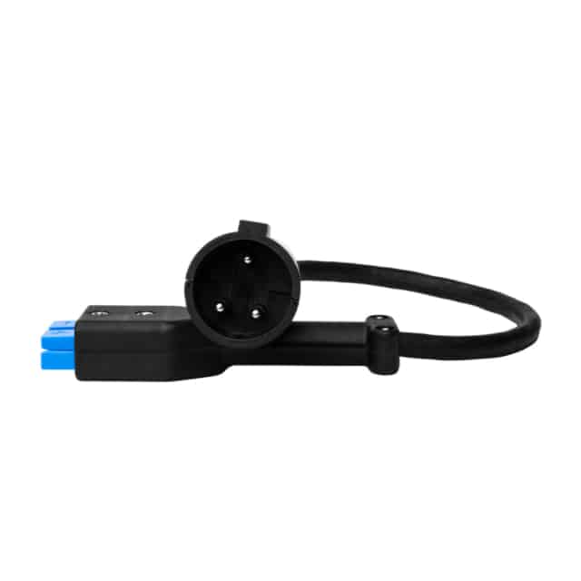 A black and blue power cord with a blue plug.
