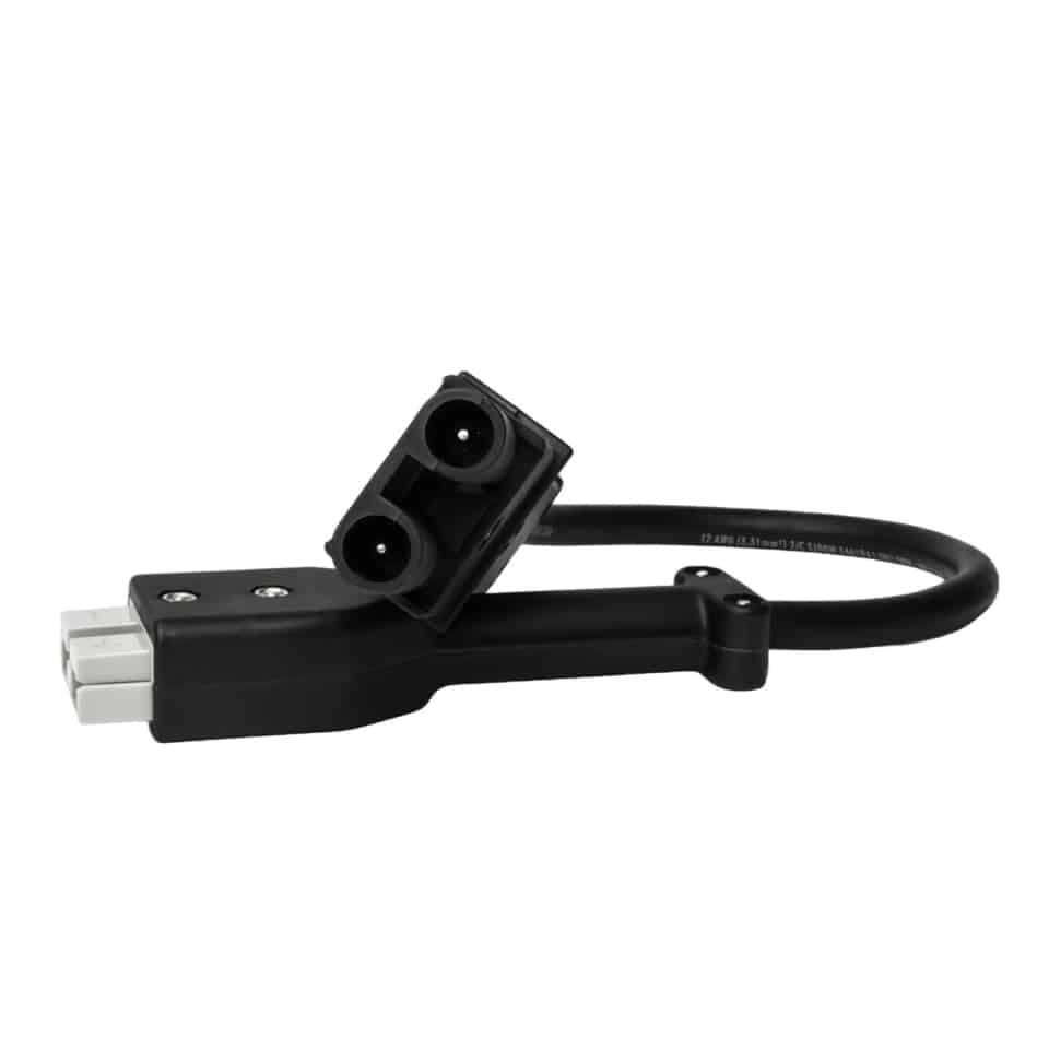 A black cord with a plug attached to it.