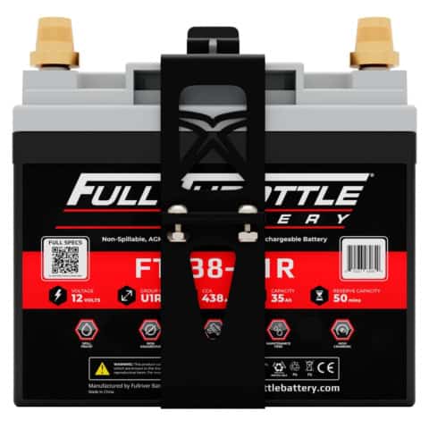 Front view of a Full Throttle car battery with gold terminals, model FT438-U1R, showing voltage, CCA, and reserve capacity specifications in red and black packaging.