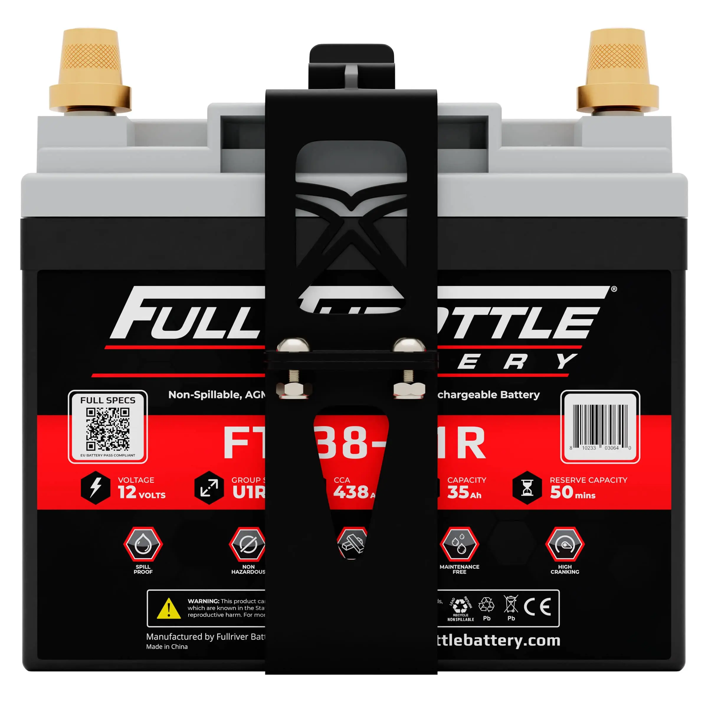 A Full Throttle car battery with specifications labeled on the front, including 12 volts, 438 CCA, and reserve capacity of 50 minutes.