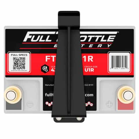 Top view of a Full Throttle car battery, model FT-U1R, showing its terminals and a central carrying handle.