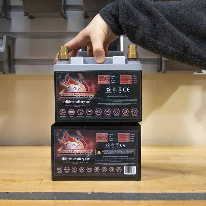 A person holding two boxes of batteries on a table.