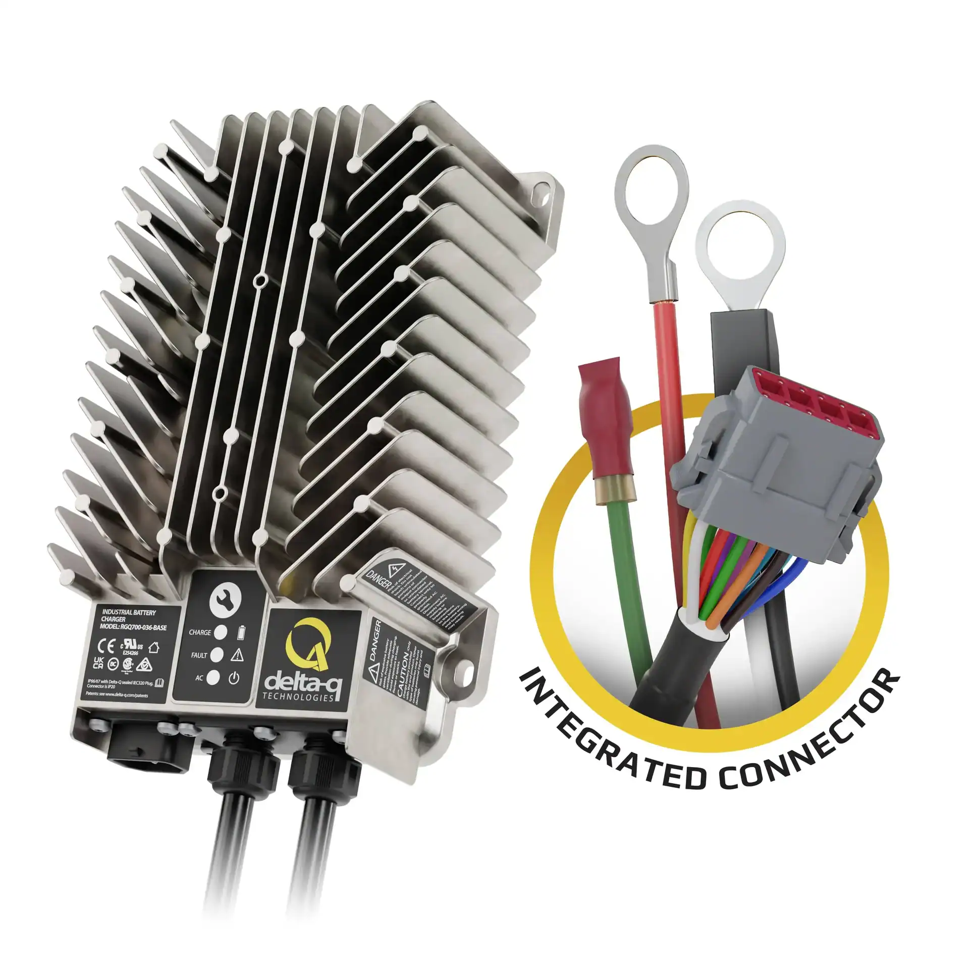 A Delta-Q battery charger with heat sink fins is shown next to a close-up of its integrated connector and various colored wires.