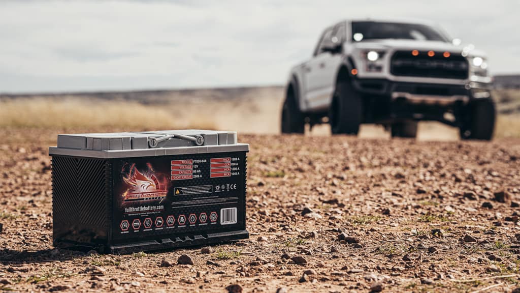 A Full Throttle Battery sits on a dirt road as a white Ford Raptor drives in the background.