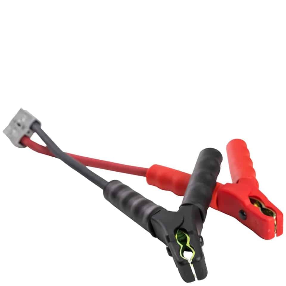 A pair of red and black jumper cables on a white background.