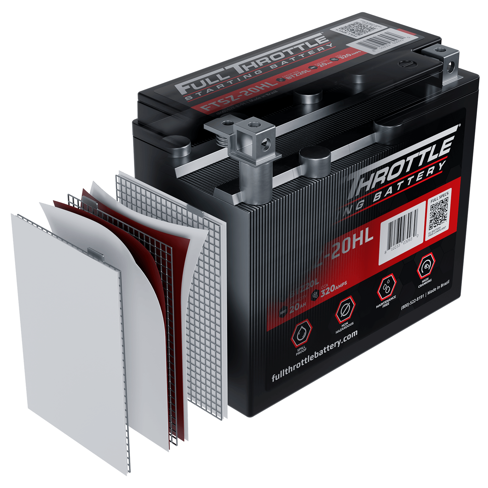 Image of a Full Throttle car battery with a transparent section showing its internal cells and design.