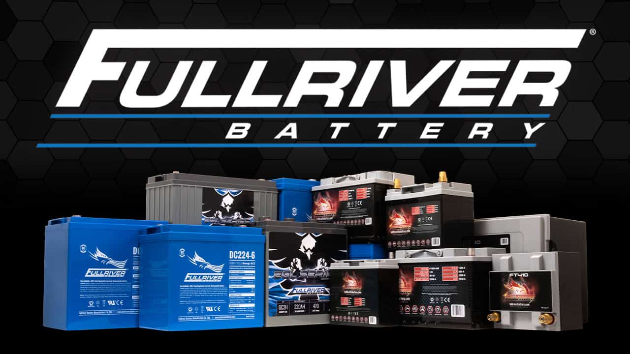 A variety of Fullriver Battery products, including different types and sizes of batteries, are displayed in front of a hexagonal pattern background with the Fullriver Battery logo above them.
