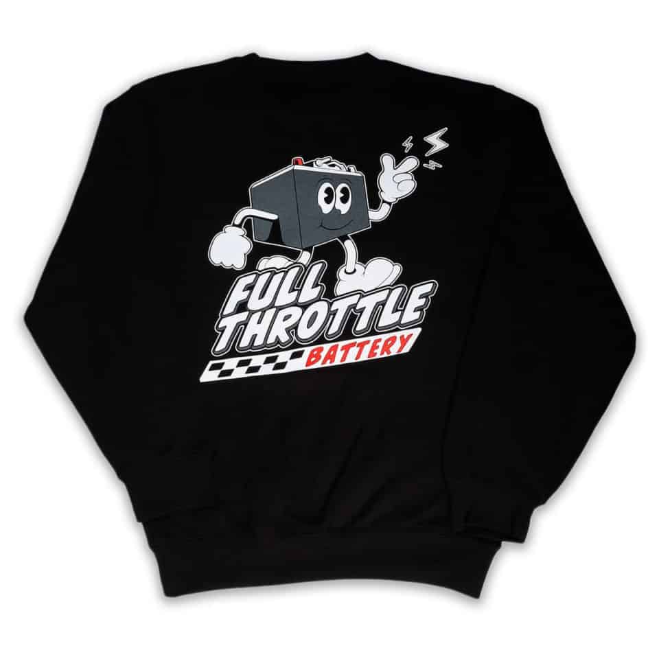 Black **Battery Guy Crewneck** showcasing a cartoon battery with facial features and arms, accompanied by the bold text "Full Throttle Battery.