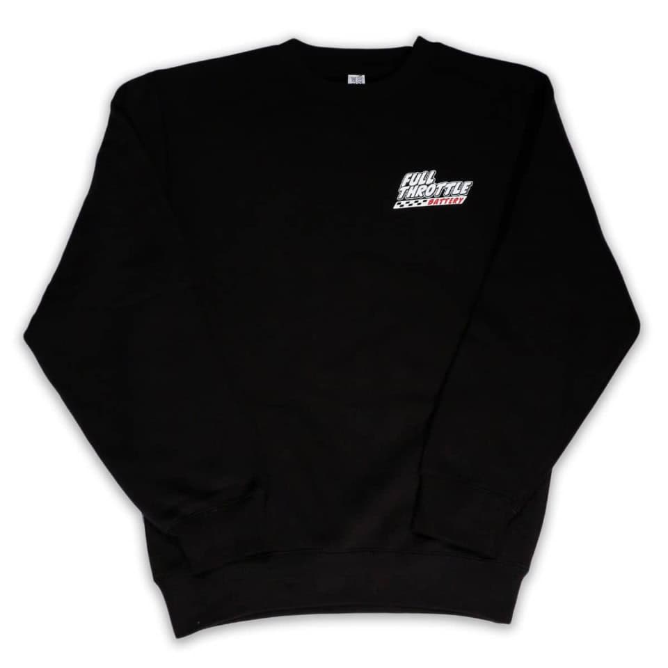 A black Battery Guy Crewneck sweatshirt featuring a small "Full Throttle Battle" logo on the front left side.