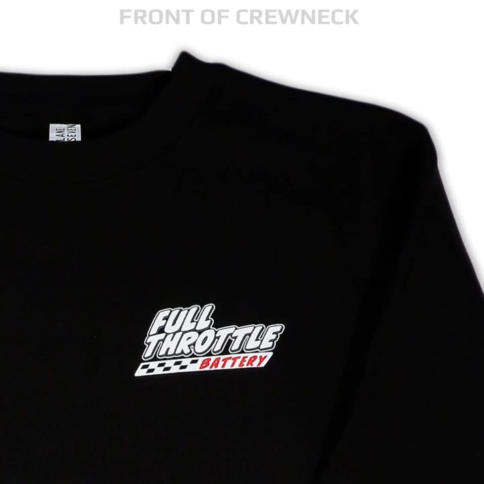 Battery Guy Crewneck in black featuring a white and red "Full Throttle Battery" logo on the front.