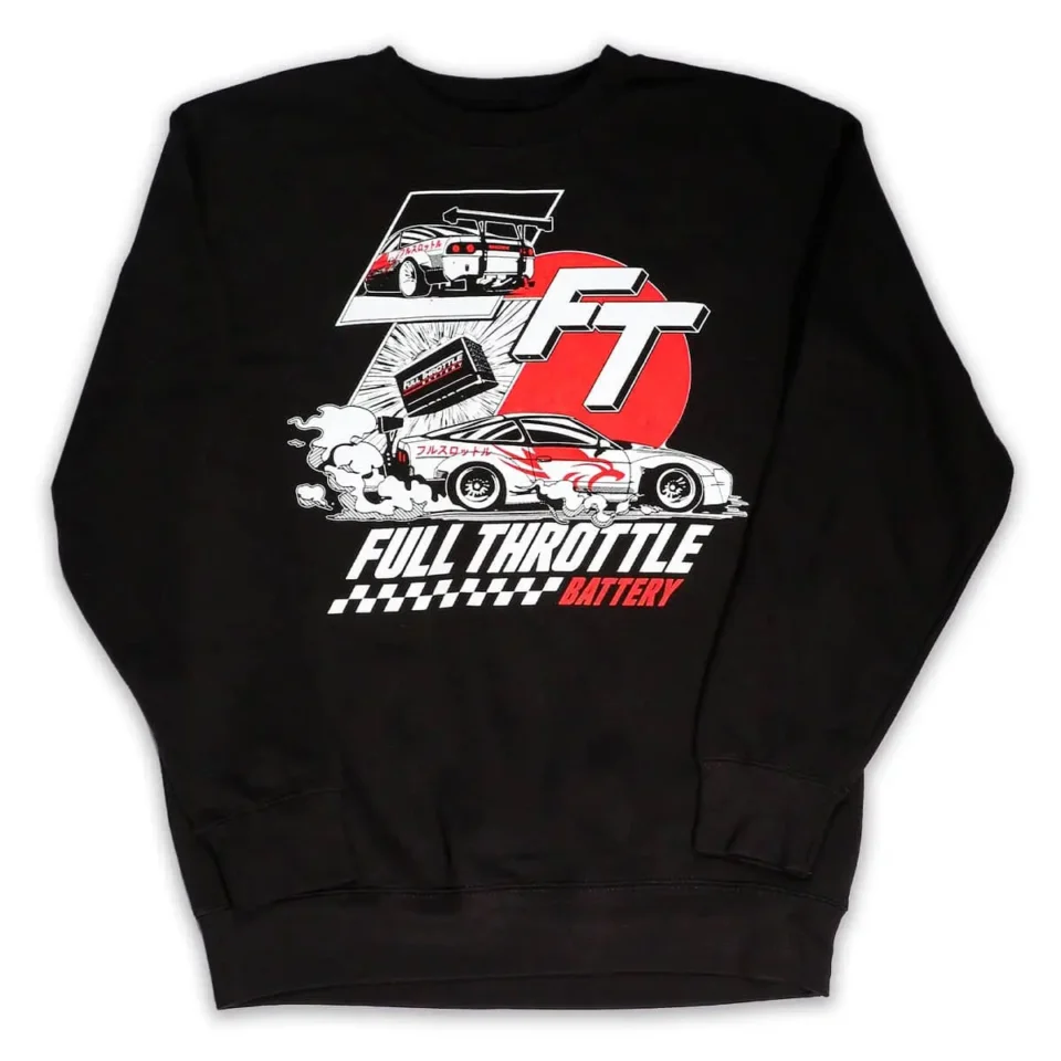 Battery Guy Crewneck, a black sweatshirt showcasing a racing car graphic adorned with "FT" and "Full Throttle Battery" in red and white text.