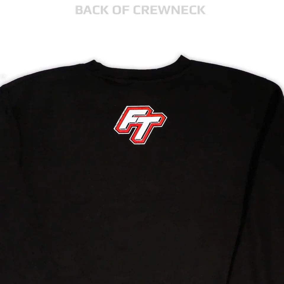 Battery Guy crewneck sweatshirt featuring a black design with a white and red "FT" graphic on the back.