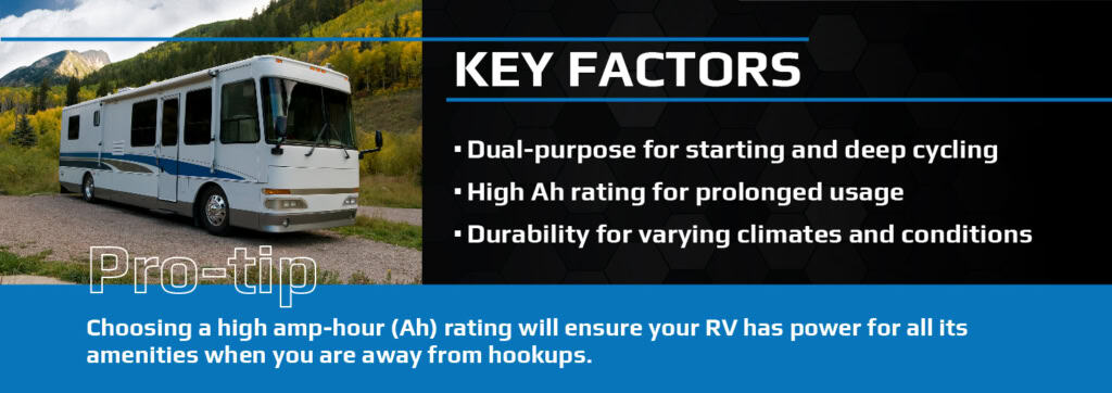 A RV parked on a gravel area with mountains in the background. Text highlights key factors about choosing an RV battery: dual-purpose, high amp-hour rating, and durability. Pro-tip advises on amp-hour rating.