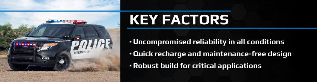 A police SUV drives off-road with a text overlay listing key factors: uncompromised reliability, quick recharge and maintenance-free design, robust build for critical applications.