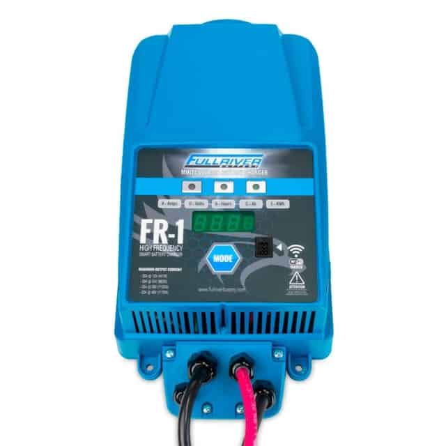 A blue FR1-AGC battery charger with two wires.