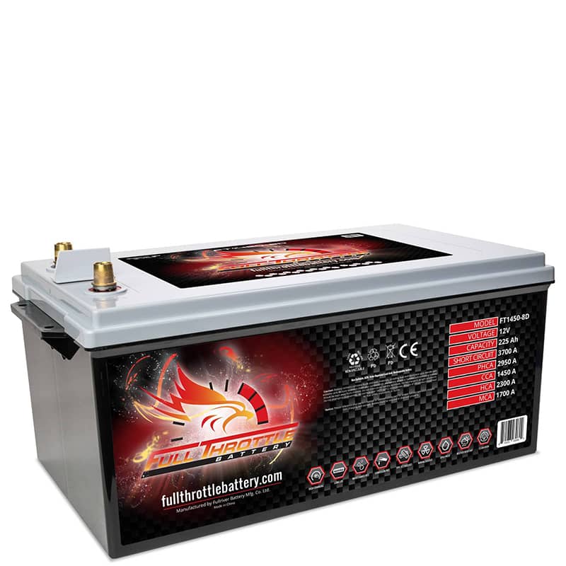 A car battery with a red flame on it.