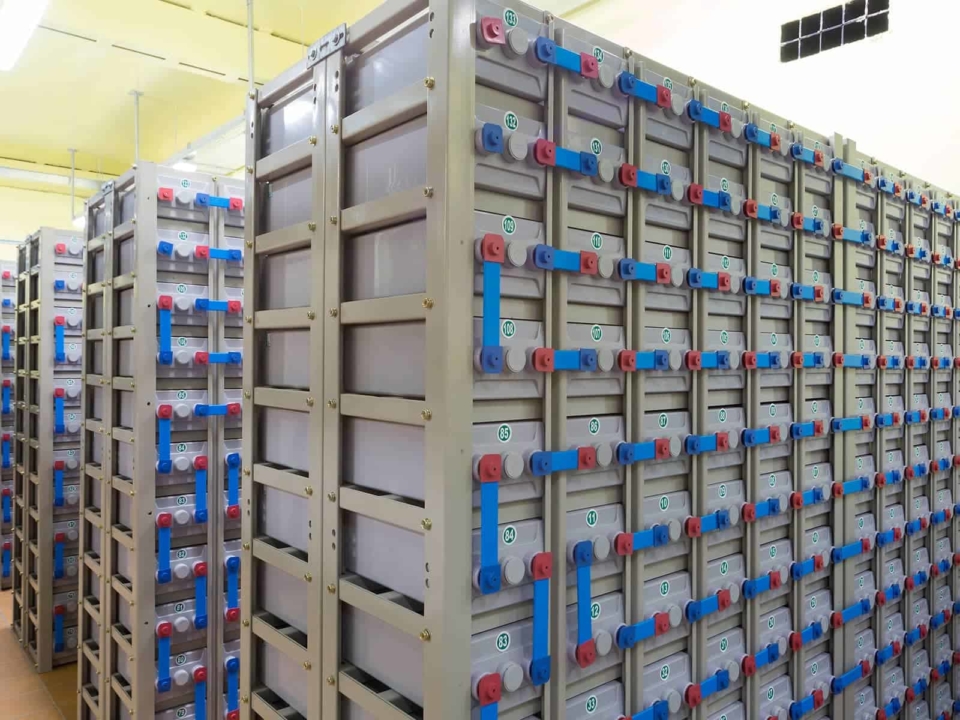Huge room filled with hundreds of batteries used for emergency backup power