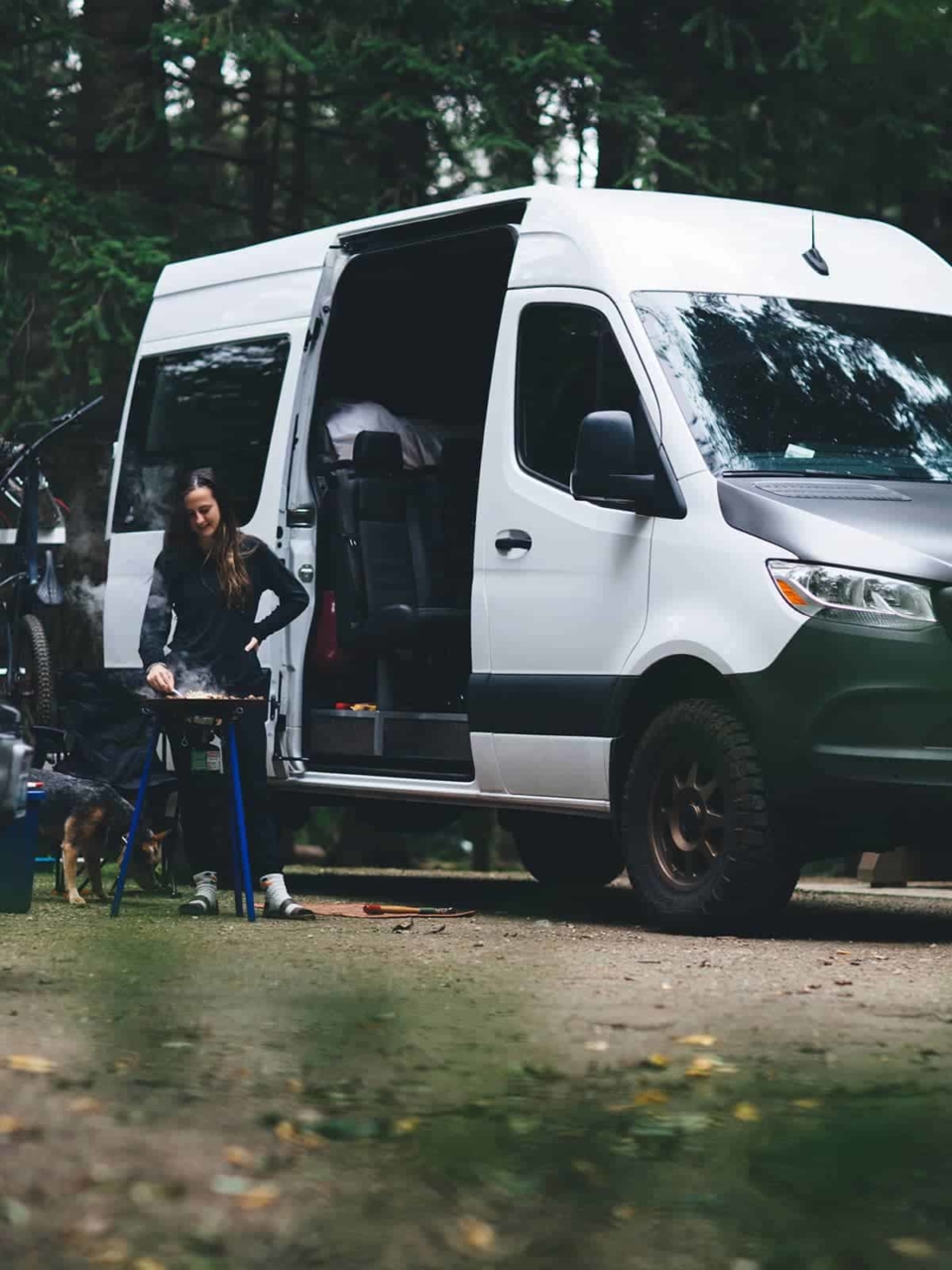 Woman and her dog near their camping van cooking breakfast in the mountains