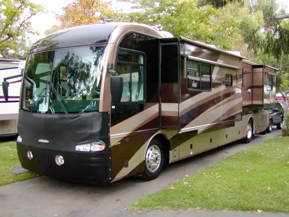 Beautiful Class A RV parked at an RV park