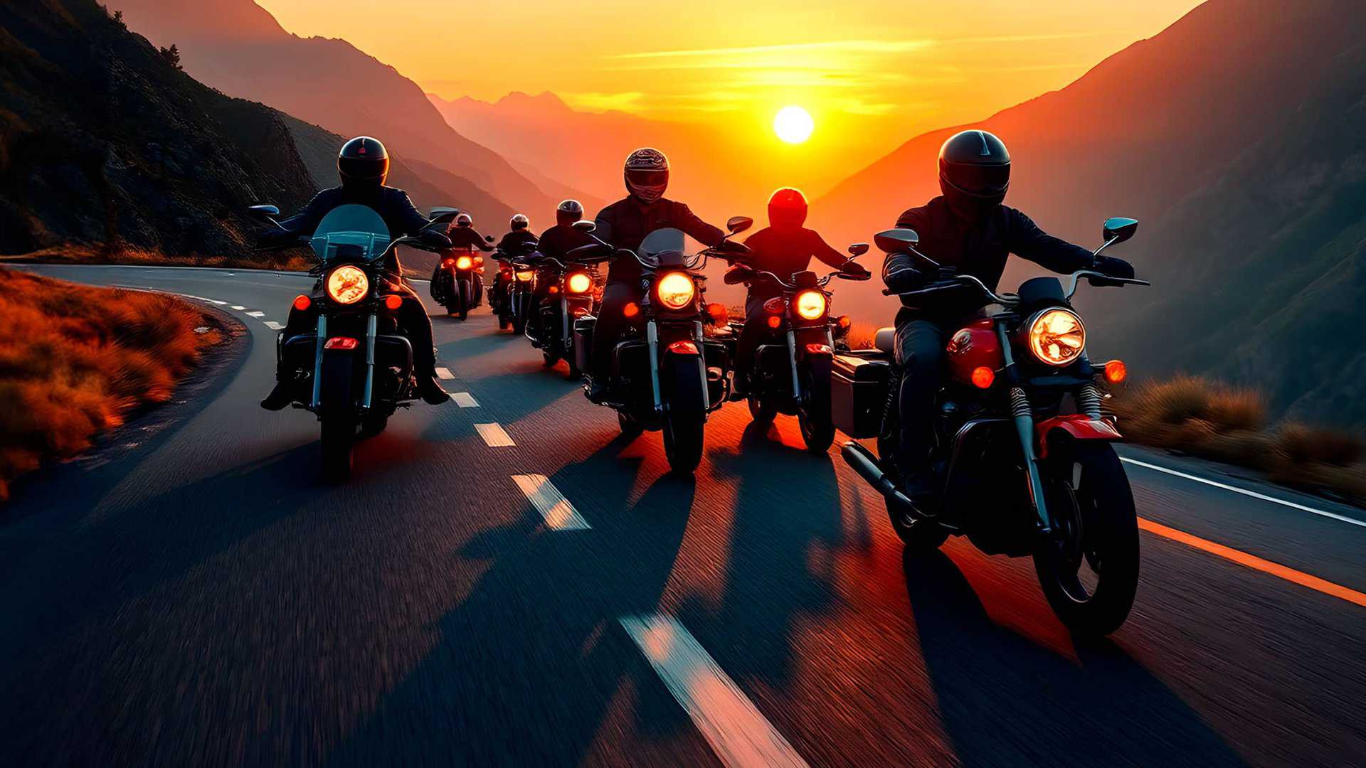 A group of motorcyclists rides on a mountain road during sunset, with vibrant orange and yellow hues illuminating the sky.