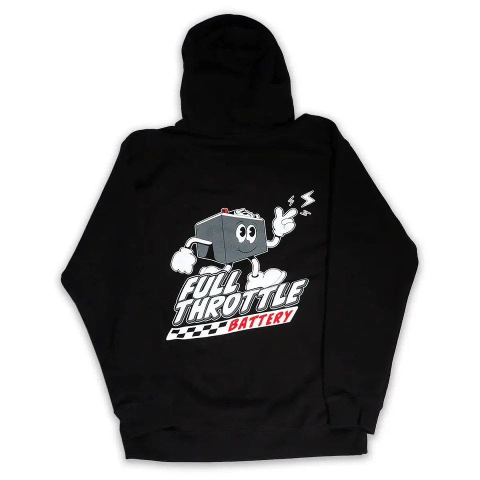 Black Battery Guy Crewneck featuring a cartoon battery character and the text "Full Throttle Battery" on the back.