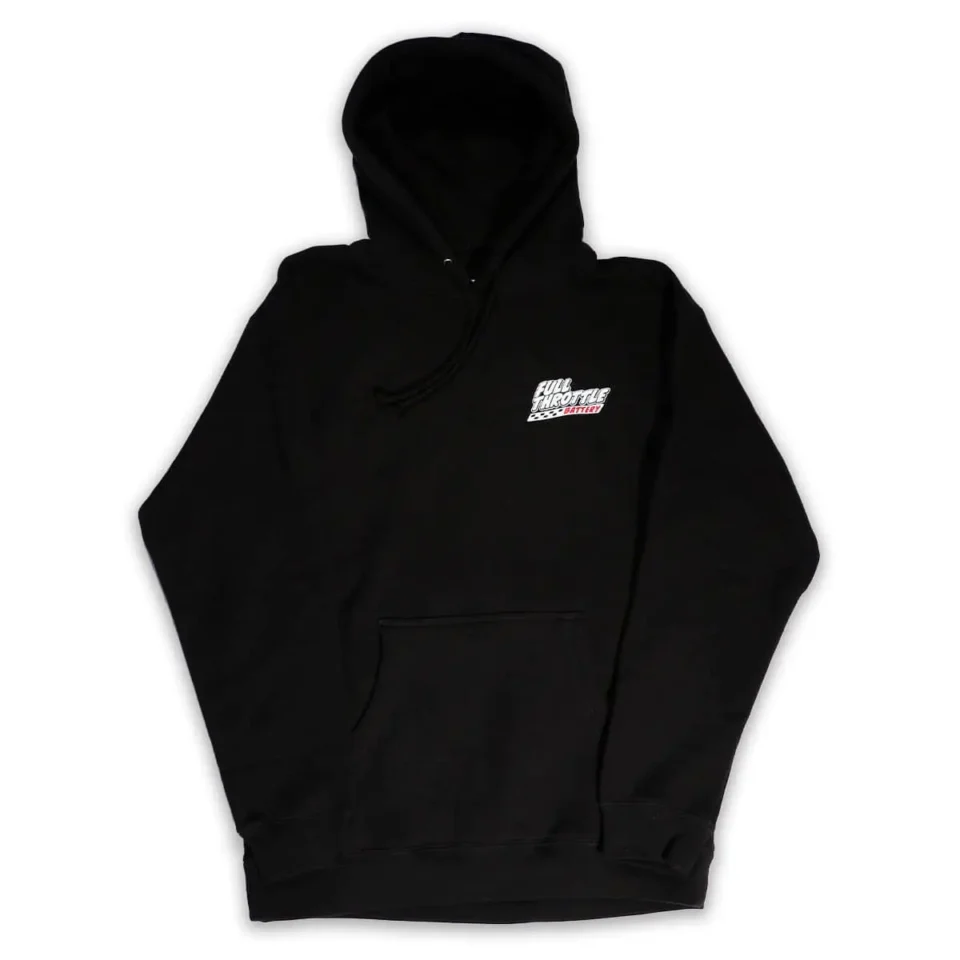 Battery Guy Crewneck in black featuring a small white and red logo on the left chest.