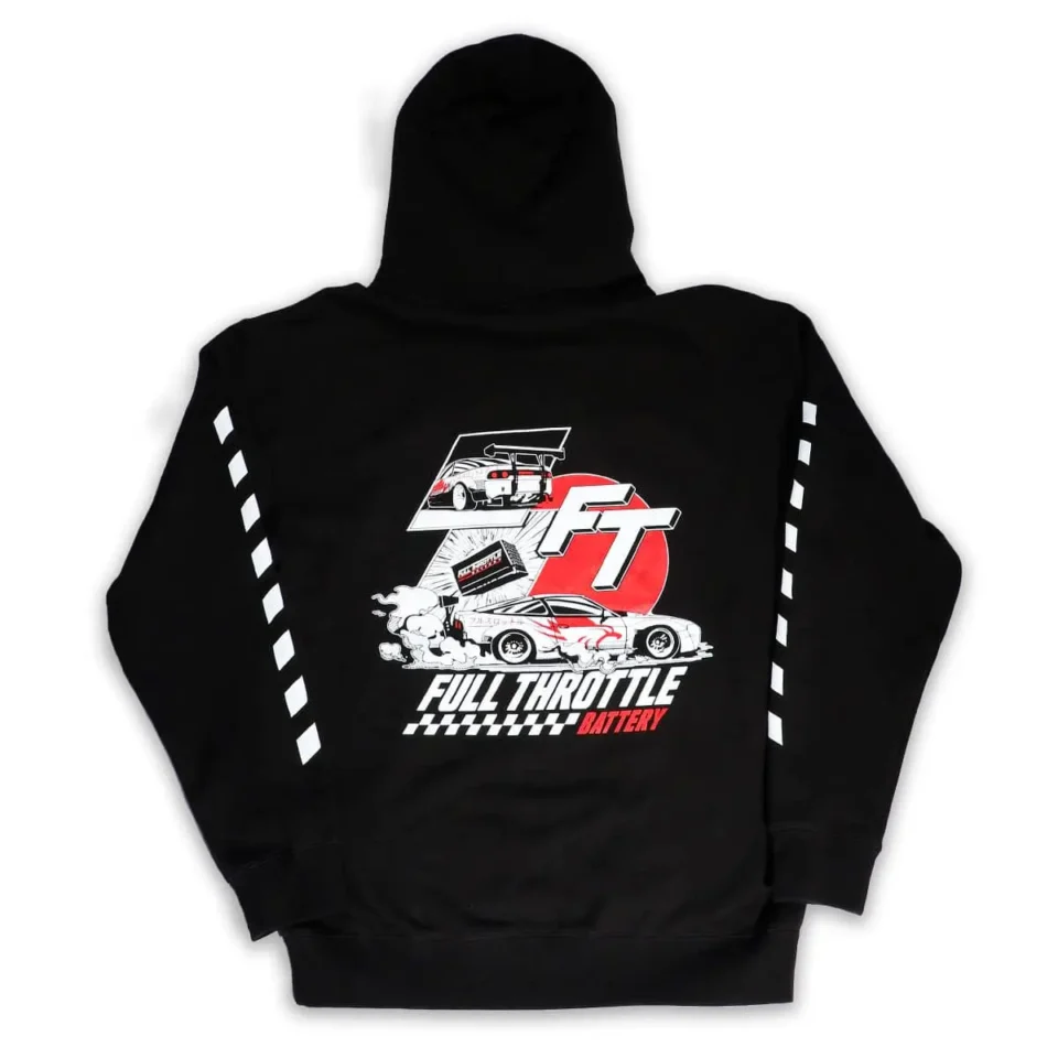 Black Battery Guy Crewneck featuring racing car graphics and the text "Full Throttle Battery," with a white checkered pattern on the sleeves.