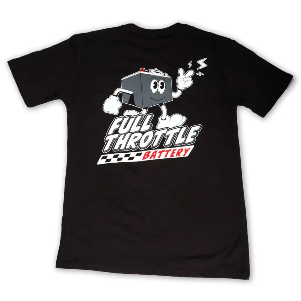 Battery Guy Shirt: A black t-shirt showcasing a cartoon battery character with the text "Full Throttle Battery" and a checkered pattern underneath.