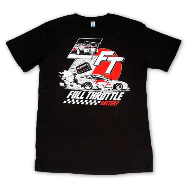 Nissan Shirt - Black T-shirt adorned with illustrations of racing cars, the letters "FT," and the bold red and white text "FULL THROTTLE BATTERY.