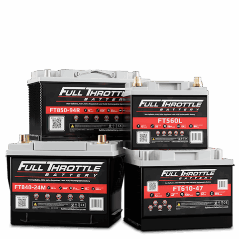 Four Full Throttle car batteries of different sizes and models are stacked together on a white background.