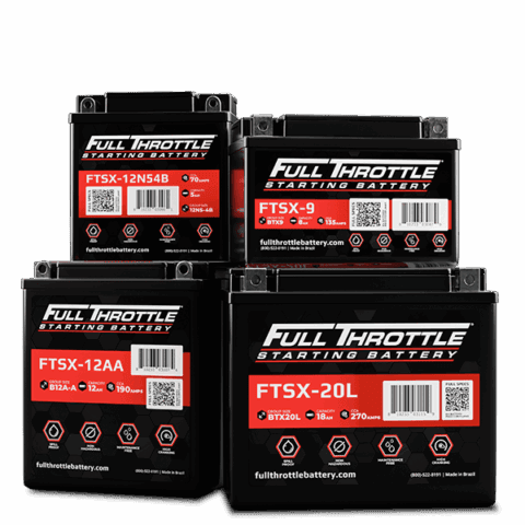 Four Full Throttle starting batteries of different sizes and models are arranged together, each displaying labels with specifications and QR codes.