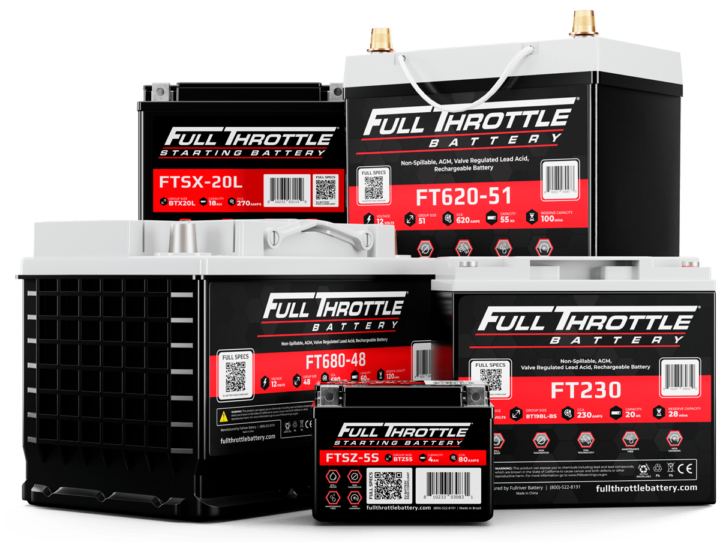 Image of several Full Throttle Battery products, including models FTX20-51, FTX60-48, FT230, and FTSX-20L. They vary in size and feature red and black packaging.